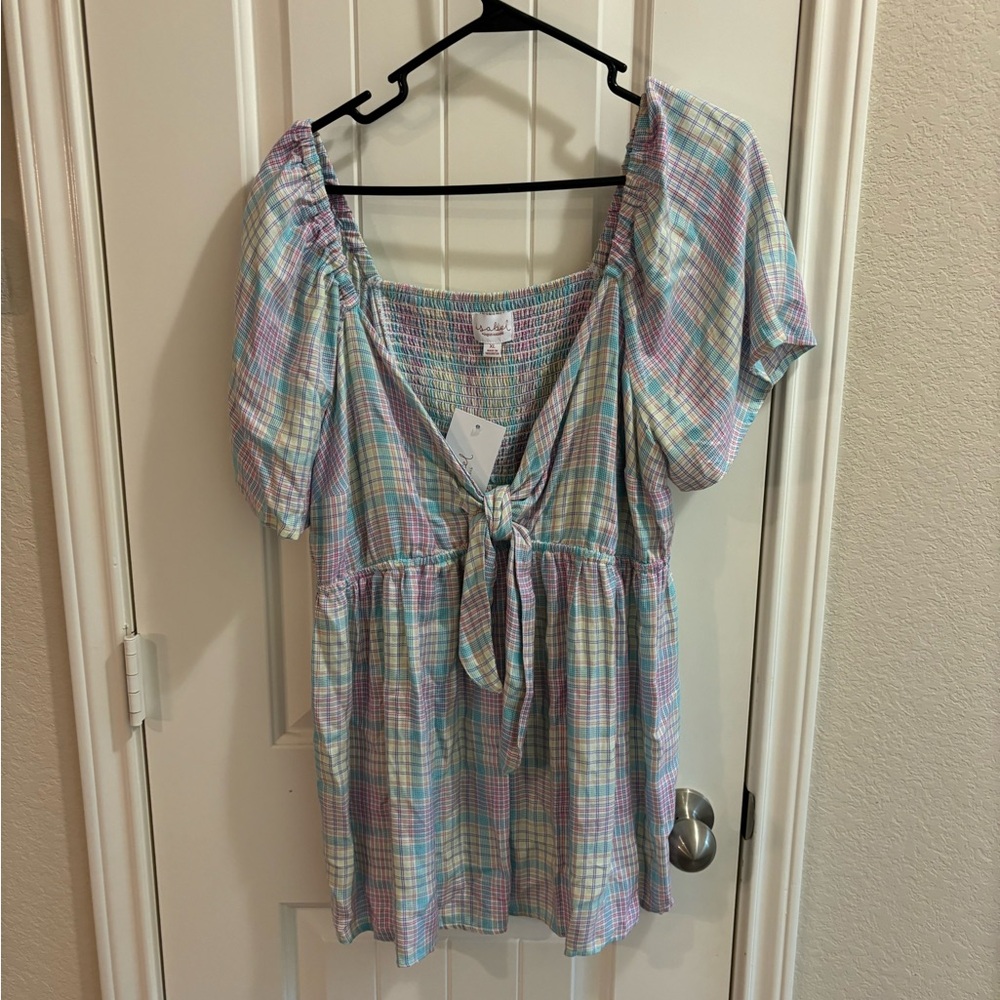 Plaid Puff Sleeve Tie-Front Top